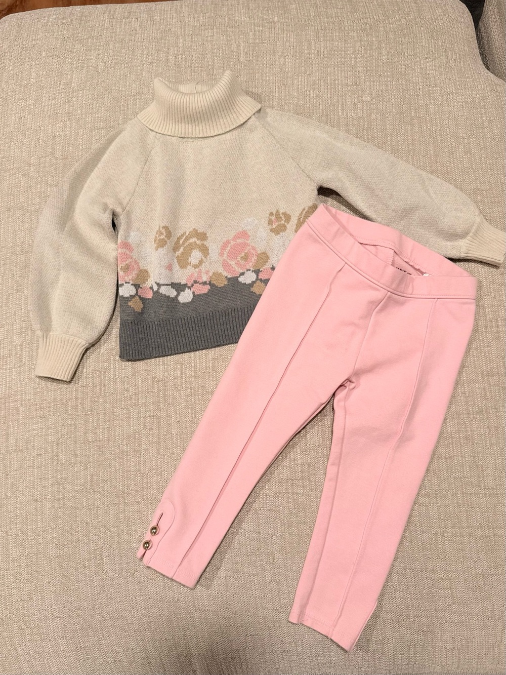 Girls Cream Floral Turtleneck Sweater + Pink Leggings Set